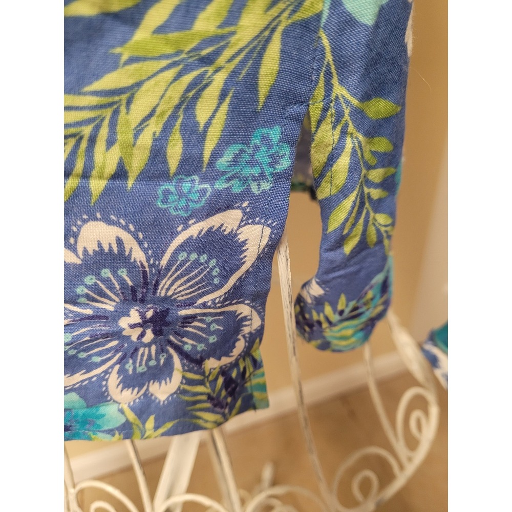 Emma James Liz Claiborne Blouse Womens Blue Floral Linen Blend Tropical Size 10 - Picture 2 of 6